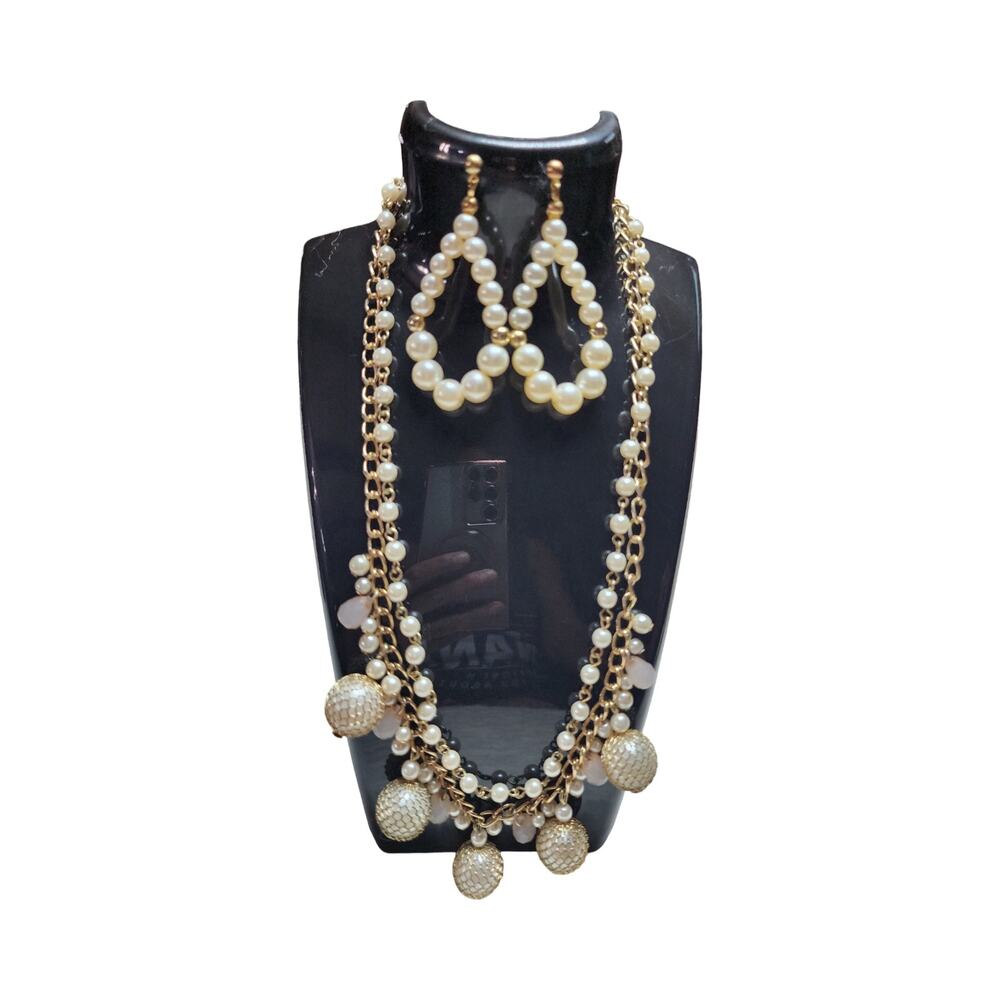 Vtg Almay Multi Strand Pearl Necklace Earring Set Gold Tone Statement Mesh Charm